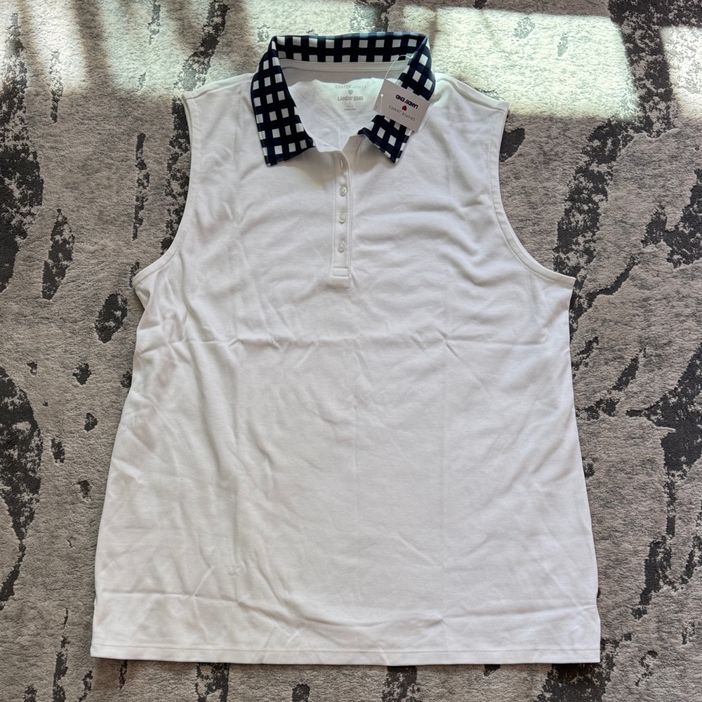 Lands End White Sleeveless Polo with Checkered Collar